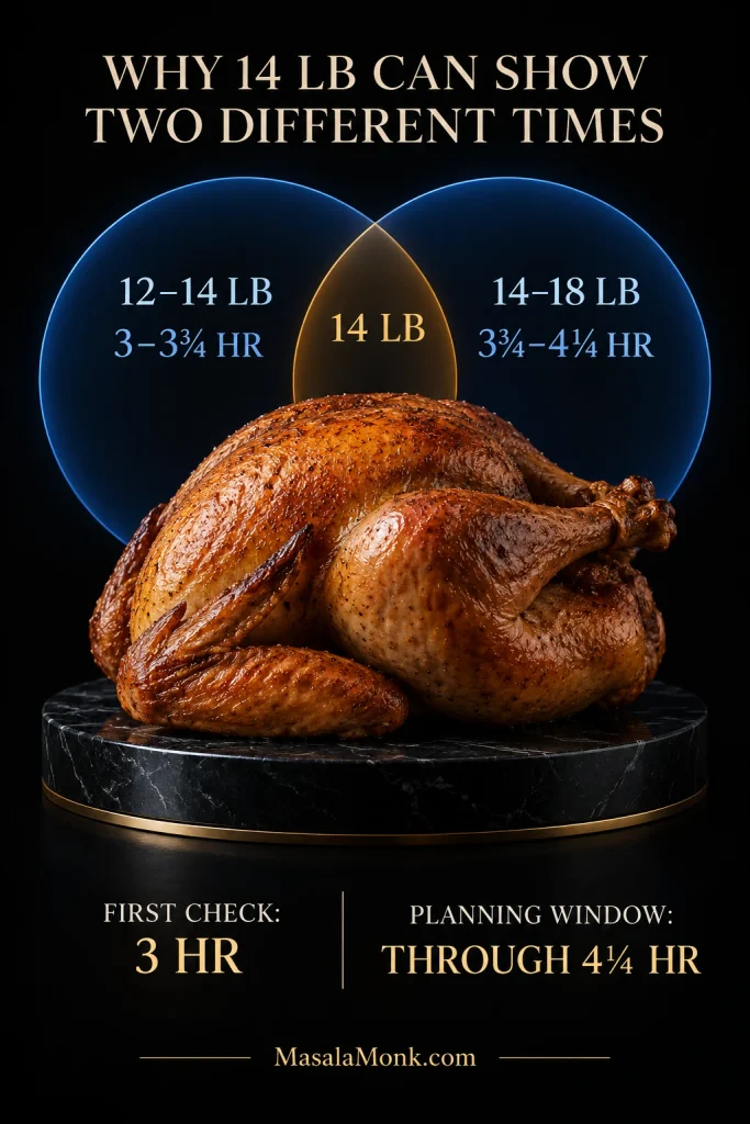 Roasted 14 pound turkey beneath two intersecting timing bands for 12–14 lb and 14–18 lb, with first-check and planning-window times.