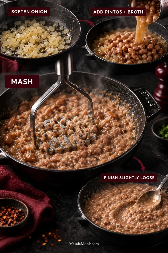 Four-stage process showing softened onion, whole pinto beans with broth, beans being mashed, and finished creamy refried beans.