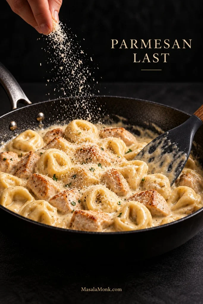 Finely grated Parmesan being sprinkled over creamy chicken tortellini Alfredo in a dark skillet; text reads “Parmesan Last.”