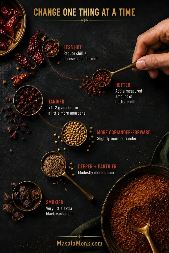 Overhead spice guide showing separate chilli, anardana, coriander, cumin and black cardamom adjustments while a hand moves one unmarked spoon of chilli.
