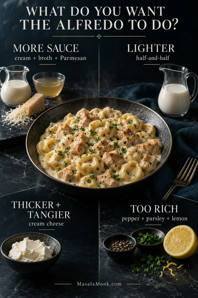 Creamy tortellini at the center of an Alfredo adjustment guide with options for more sauce, a lighter sauce, a thicker and tangier sauce, or balancing a sauce that tastes too rich.