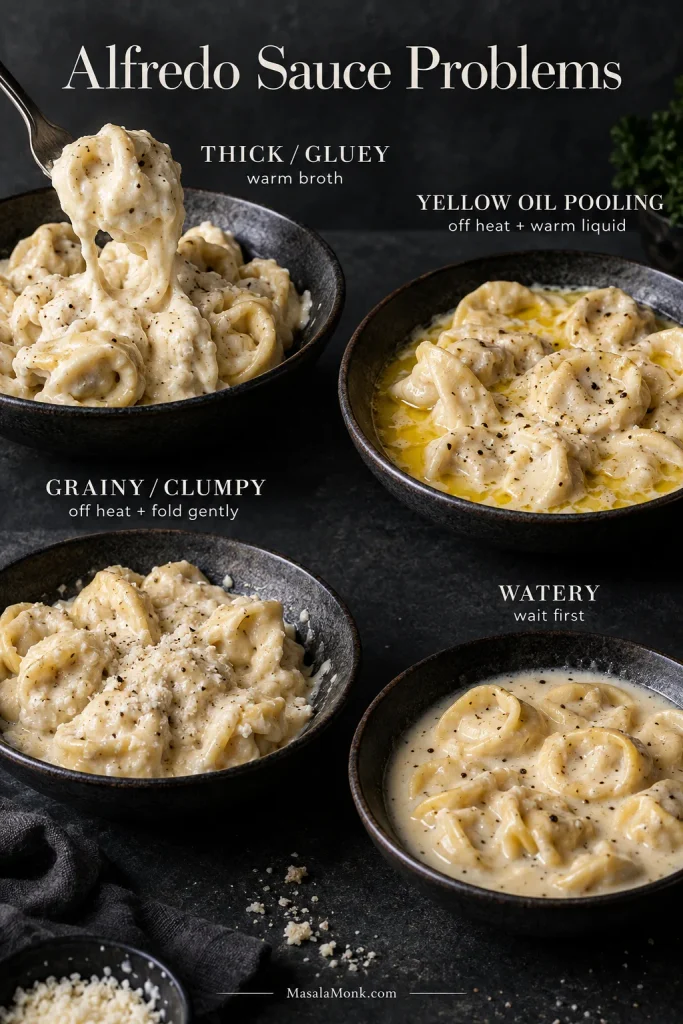 Four Alfredo sauce problem examples labeled thick or gluey, yellow oil pooling, grainy or clumpy, and watery, each with a brief corrective cue.