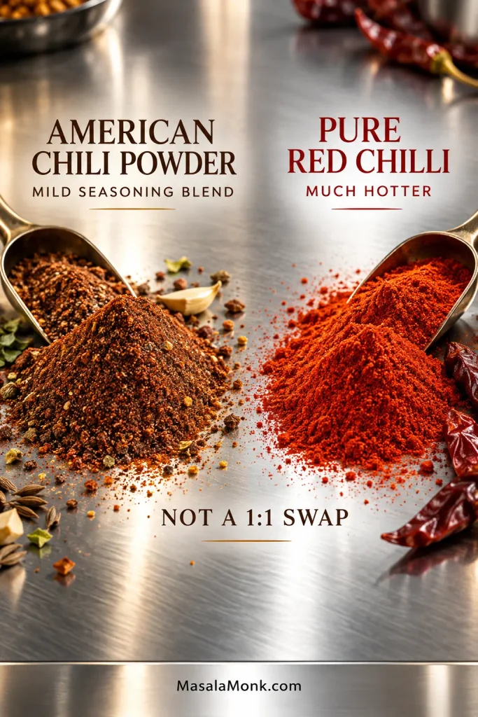 Two spice samples labeled American Chili Powder, Mild Seasoning Blend, and Pure Red Chilli, Much Hotter, with a warning that they are not a one-to-one swap.