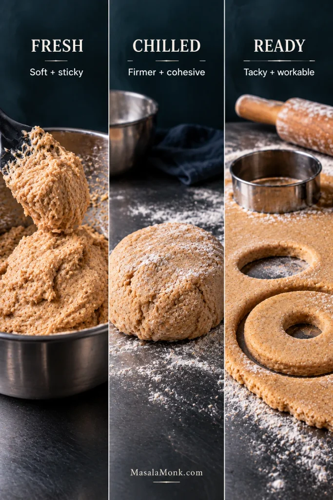 Three stages of apple cider donut dough: soft sticky fresh dough, firmer chilled dough, and rolled dough ready to cut.