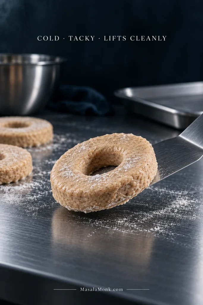 Raw apple cider donut ring being lifted from a lightly floured steel surface with a metal spatula.