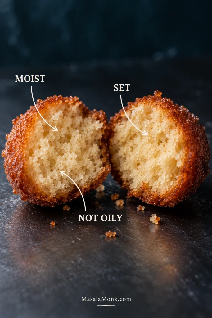 Split fried donut hole showing a moist, fully set cake-like crumb, with labels identifying set, moist, and not oily areas.