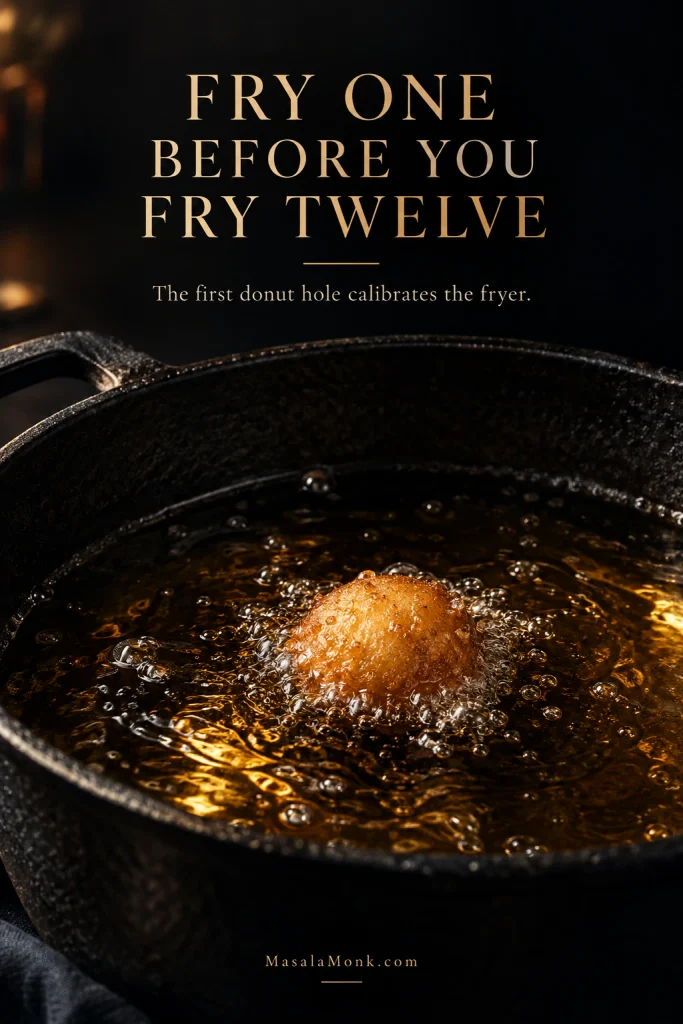 Single apple cider donut hole frying alone in bubbling oil with text explaining that the first donut hole calibrates the fryer.