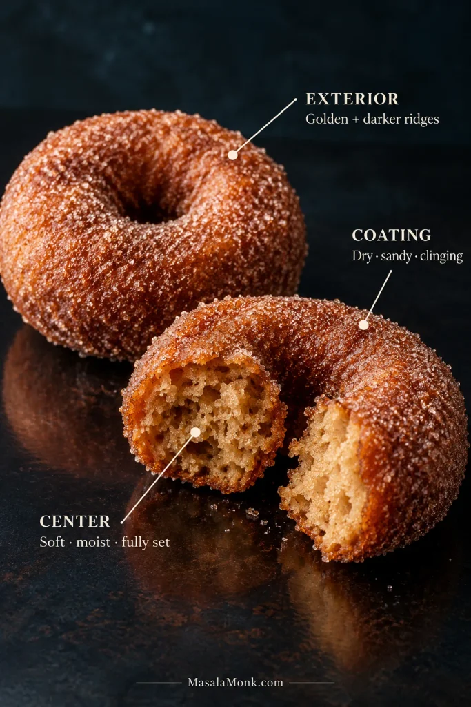 Whole and broken cinnamon-sugar apple cider donuts with callouts for the golden exterior, moist set center, and dry clinging coating.