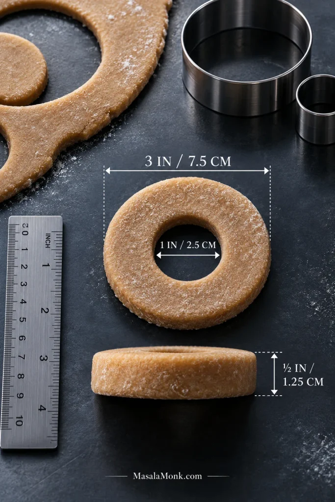Raw donut ring and dough shown with measurements for ½-inch thickness, 3-inch outer diameter, and 1-inch center hole.