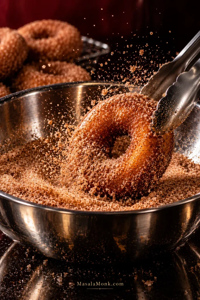 Warm apple cider donut being turned through cinnamon sugar in a stainless-steel bowl as sugar crystals scatter into the air.