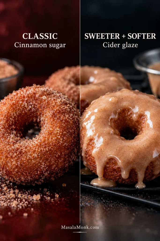 Side-by-side apple cider donuts with a crystalline cinnamon-sugar coating on the left and pale cider glaze on the right.
