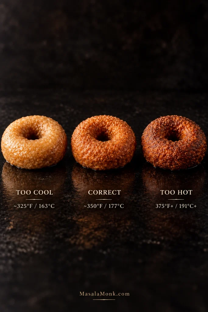 Three uncoated donuts labeled too cool, correct, and too hot, showing progressively darker frying at 325°F, 350°F, and 375°F or higher.