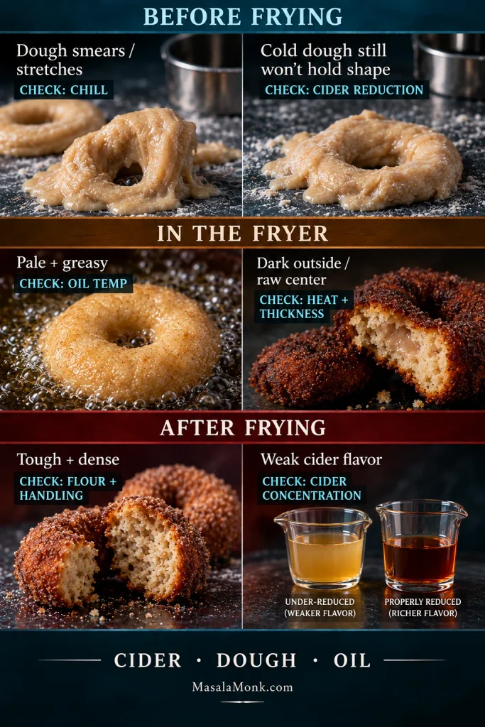 Troubleshooting board showing six apple cider donut problems before, during, and after frying, with the first thing to check for each problem.