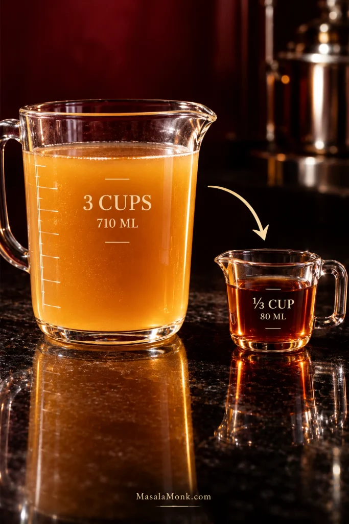 Large measuring jug with 3 cups of cloudy apple cider beside a small cup holding ⅓ cup of dark cider reduction.