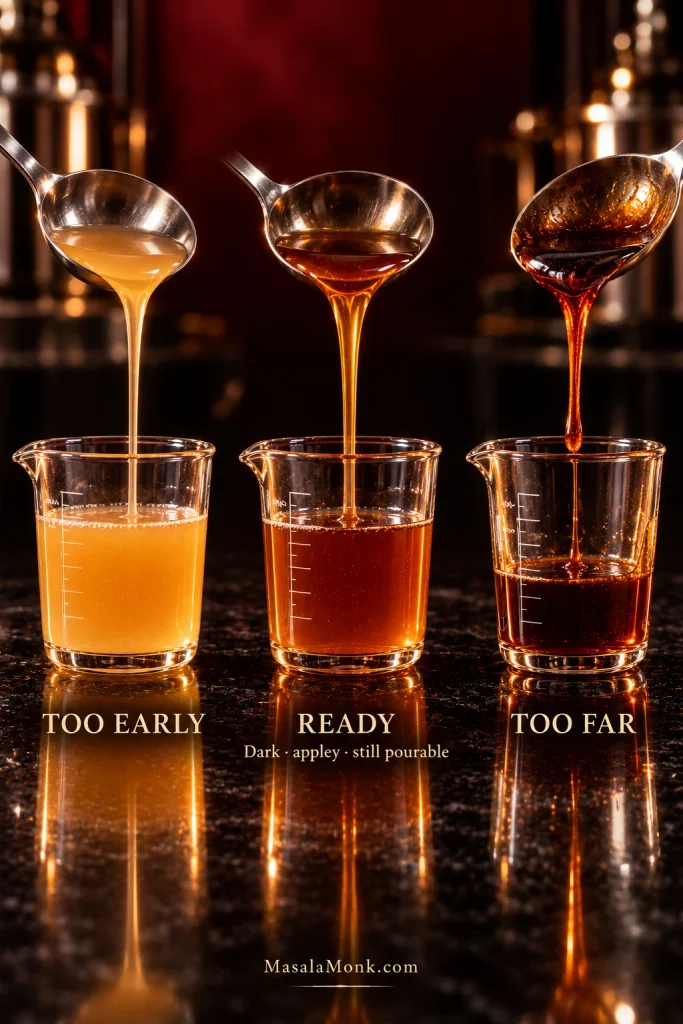 Three cider reduction stages labeled too early, ready, and too far, progressing from cloudy cider to darker, thicker reduction.
