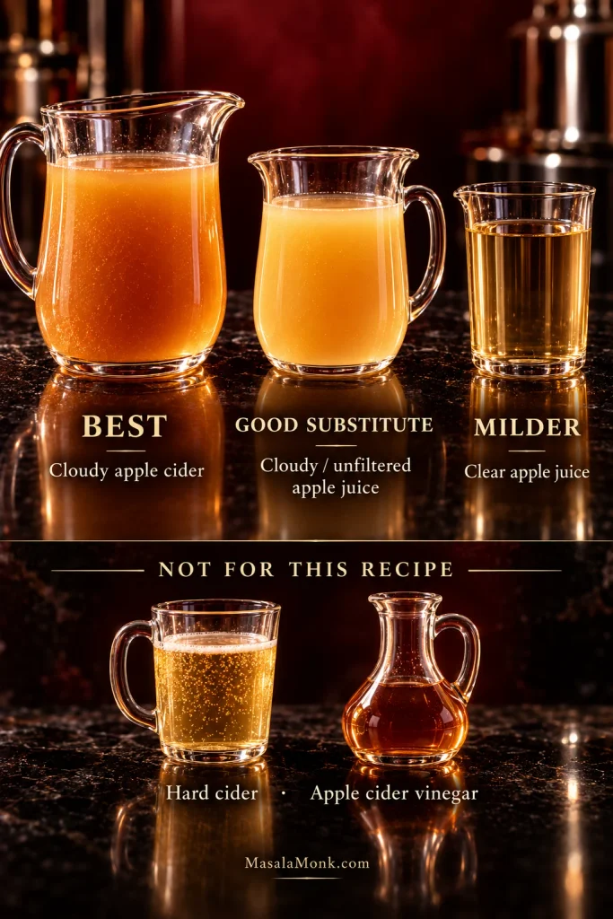 Five glass vessels compare cloudy apple cider, unfiltered apple juice, clear apple juice, hard cider, and apple cider vinegar.