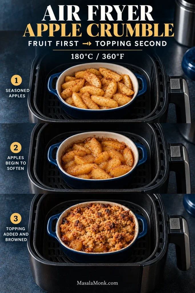 Three stages of air fryer apple crumble show seasoned apples first, partially softened apples next and a finished shallow dish with golden crumble topping at 180°C or 360°F.