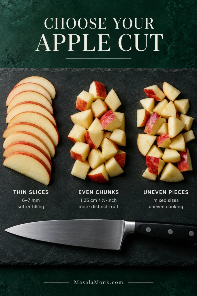 Three apple preparations compared on a dark surface: even thin slices, evenly sized chunks and uneven chunks of mixed sizes beside a kitchen knife.