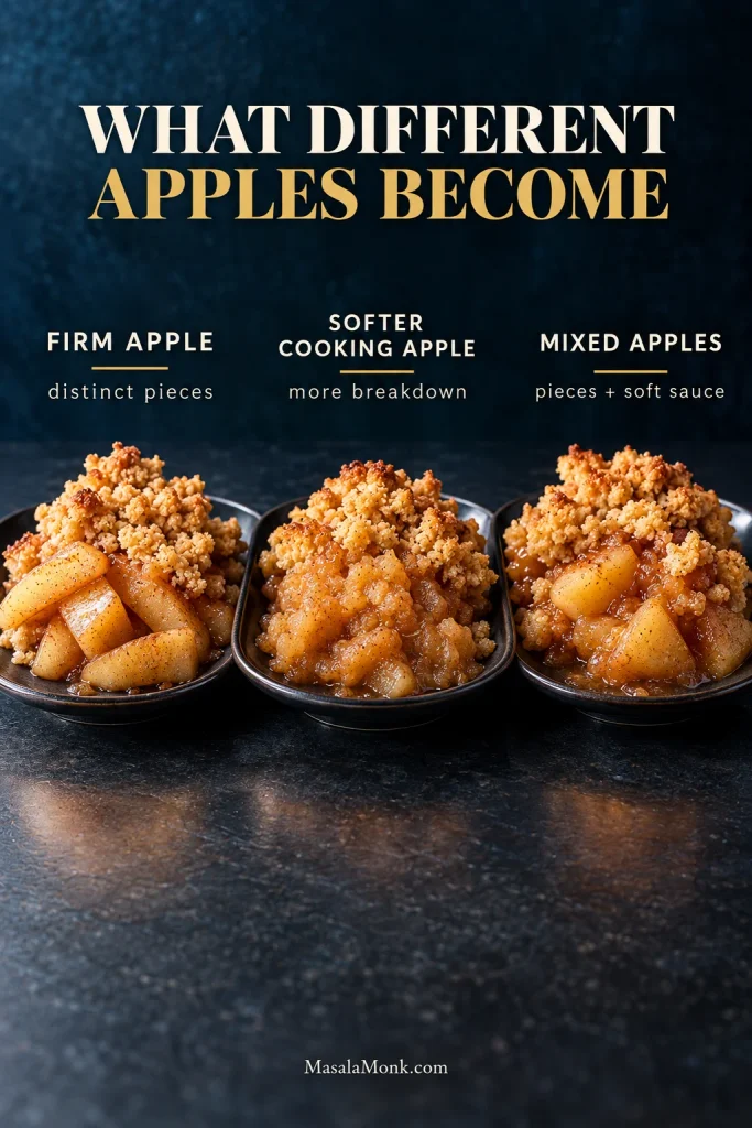Three finished apple crumble portions compare firm apples with distinct pieces, softer cooking apples with more breakdown and mixed apples with both pieces and soft sauce.