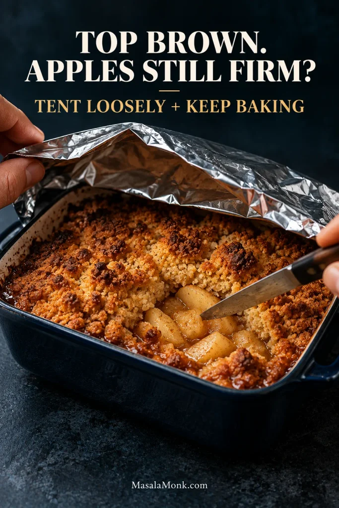 A browned apple crumble is loosely covered with foil while a knife checks an apple in the center to see whether the fruit has become tender.