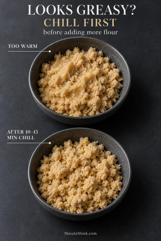 The same raw crumble mixture shown warm and greasy-looking, then after chilling 10–15 minutes with firmer, more distinct crumbs and clusters.