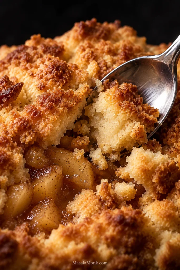 A spoon breaks through a deeply golden apple crumble topping, exposing pale buttery crumb inside the crisp clusters and tender cinnamon apples underneath.