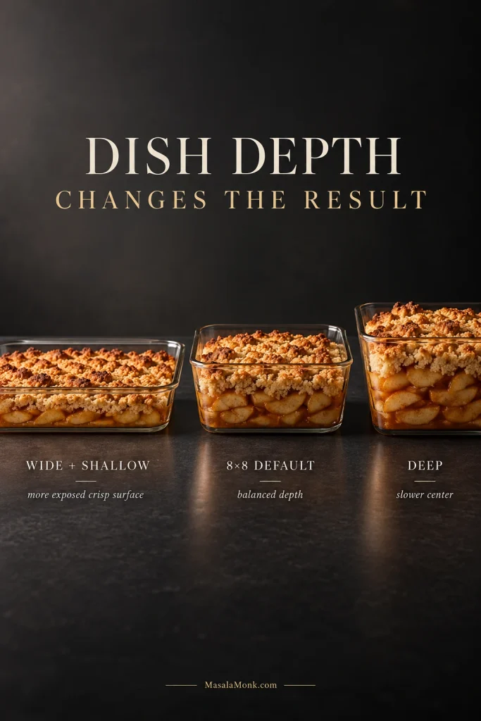 Three clear dishes of apple crumble show a wide shallow layer, a balanced 8×8-inch depth and a much deeper fruit layer with less exposed surface.
