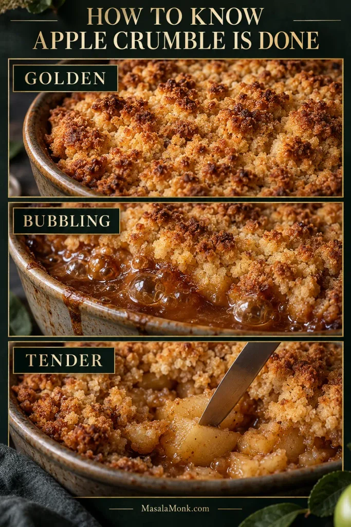 Three close-ups show apple crumble doneness cues: deeply golden topping, thick juices bubbling at the edge and a knife sliding into a tender center apple piece.
