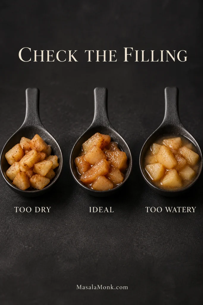 Three spoonfuls of cooked apples compare a dry filling with little sauce, an ideal filling with sauce clinging to the fruit and a watery filling with pooled liquid.