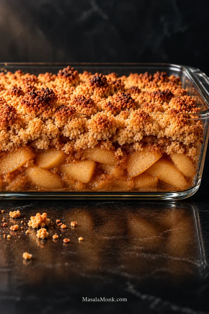 Side view through a clear glass dish shows golden apple crumble topping over a deep layer of tender apple slices with lightly thickened cinnamon sauce between them.