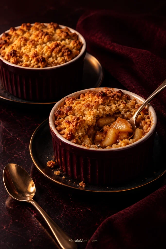 Two dark red ramekins of apple crumble on a dark table, with one intact and the other opened to reveal tender cinnamon apples beneath the golden topping.