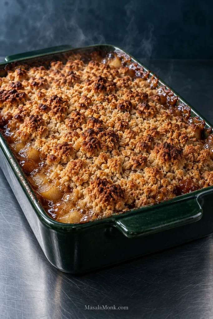 Freshly baked apple crumble in a dark green dish with an irregular golden topping and thick apple juices visibly bubbling around the edges.