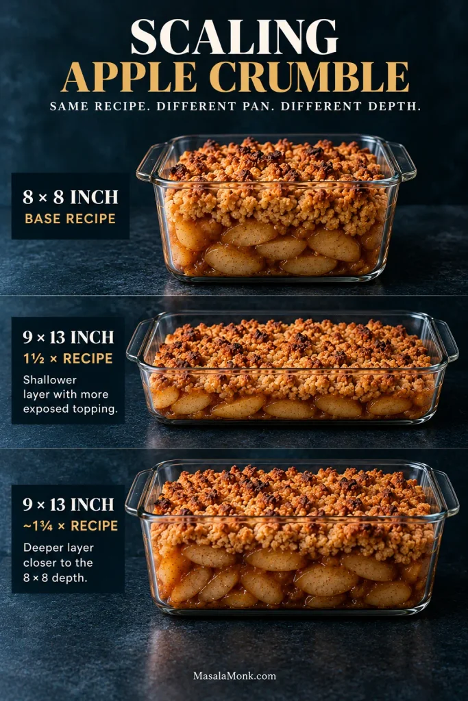 Clear-sided apple crumbles compare an 8×8 base recipe, a shallow 9×13 pan using 1½ times the recipe and a deeper 9×13 using about 1¾ times.