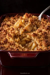 A spoon lifts apple crumble from a dark red baking dish, revealing golden crumb topping, tender apple pieces and lightly thickened cinnamon juices underneath.