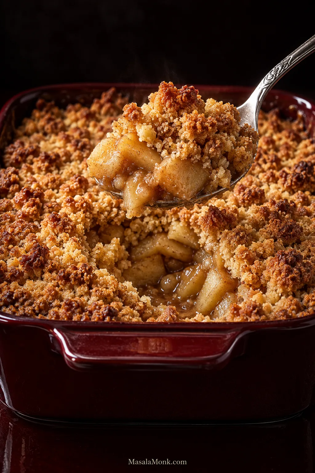 A spoon lifts apple crumble from a dark red baking dish, revealing golden crumb topping, tender apple pieces and lightly thickened cinnamon juices underneath.