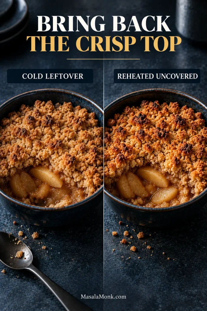 The same apple crumble portion shown cold with a softer golden topping and reheated uncovered with darker, drier and more sharply defined crisp crumbs.