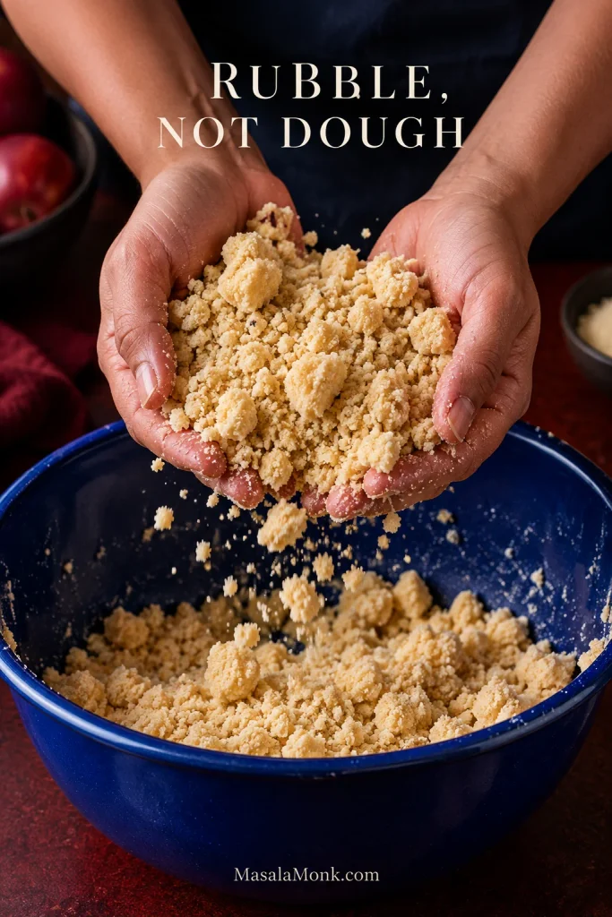 Hands hold raw flour-butter-sugar crumble above a blue bowl, showing fine crumbs, small pieces and larger irregular clusters falling apart loosely.