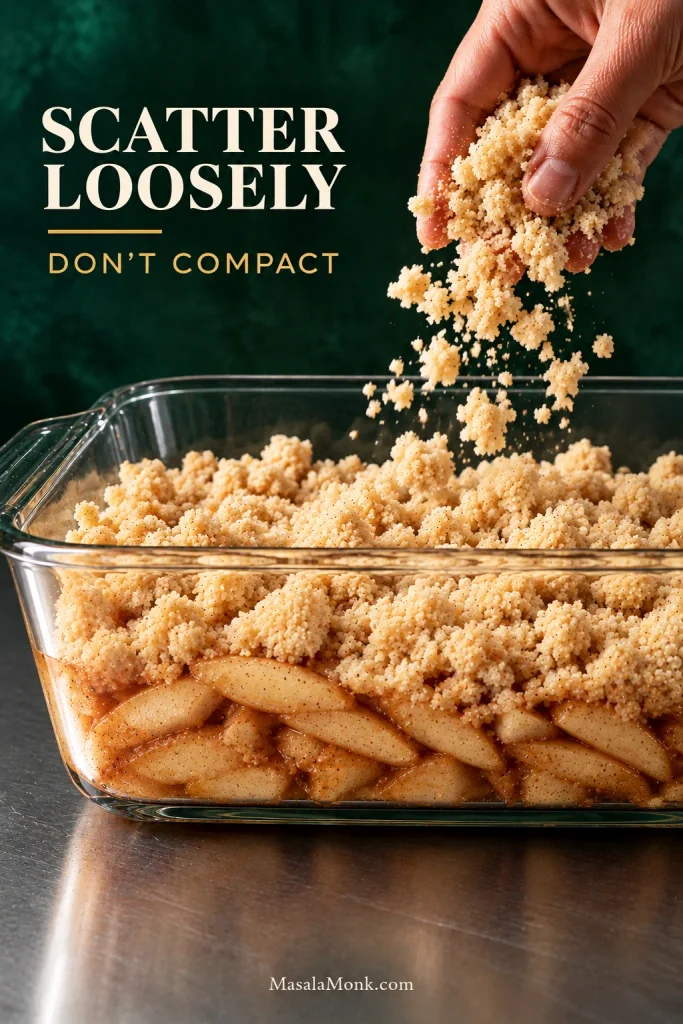 A hand scatters loose raw crumble over seasoned apple slices in a clear baking dish, showing the fruit layer, irregular topping and space below the rim.