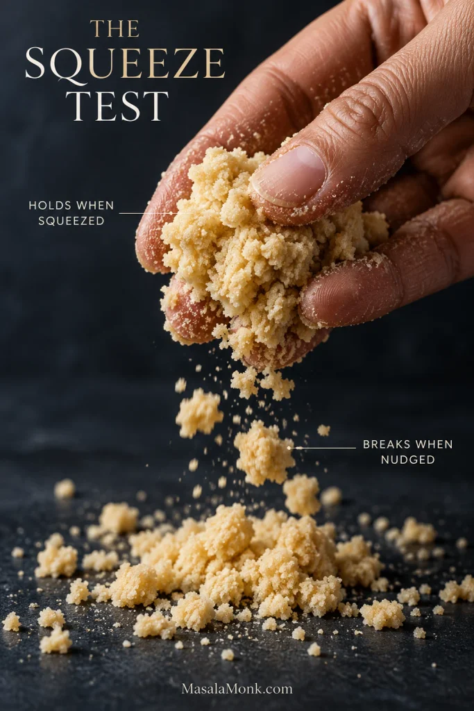 A hand squeezes raw crumble into a loose clump while pieces fall away, demonstrating that it holds when squeezed but breaks apart when nudged.