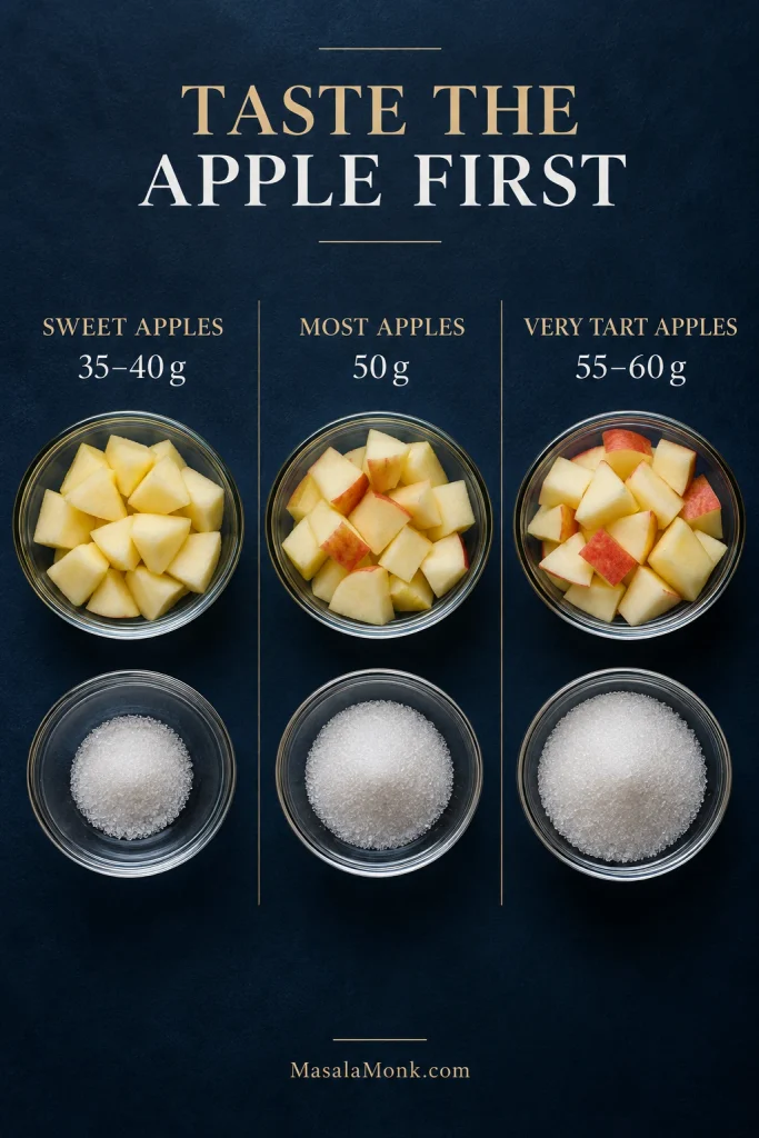 Three portions of prepared apples with increasing amounts of sugar: 35–40 grams for sweet apples, 50 grams for most apples and 55–60 grams for very tart apples.