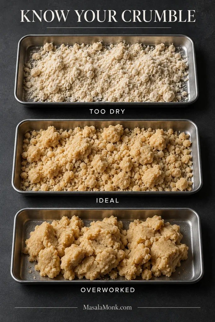 Three raw crumble mixtures labeled too dry, ideal and overworked, ranging from powdery crumbs to irregular clusters to a cohesive dough-like mixture.