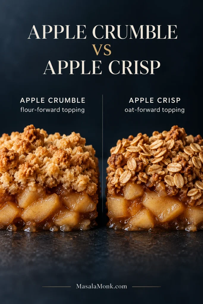 Side-by-side apple desserts with similar filling: apple crumble has a flour-based crumb topping, while apple crisp has a visibly oat-heavy topping.