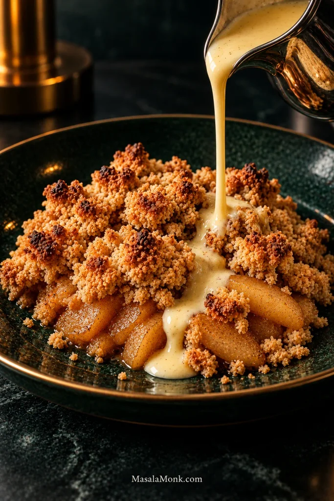 Vanilla custard pours from a silver jug through one section of golden apple crumble on a dark green plate, while much of the crisp topping remains uncovered.