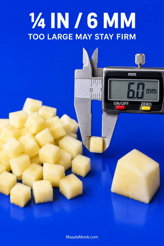 Small peeled apple cubes beside a digital caliper measuring one piece at 6.0 millimeters, with a larger apple piece nearby for scale.