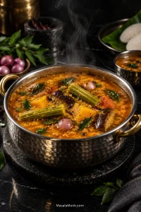 Steaming sambar in a metal pot with drumstick, pumpkin, eggplant, shallots, curry leaves, mustard seeds and dried chilli visible in the orange lentil broth.