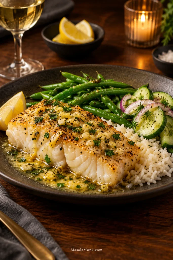 Plated baked cod dinner with rice, green beans, cucumber salad, lemon and golden pan butter on a warm dark table.