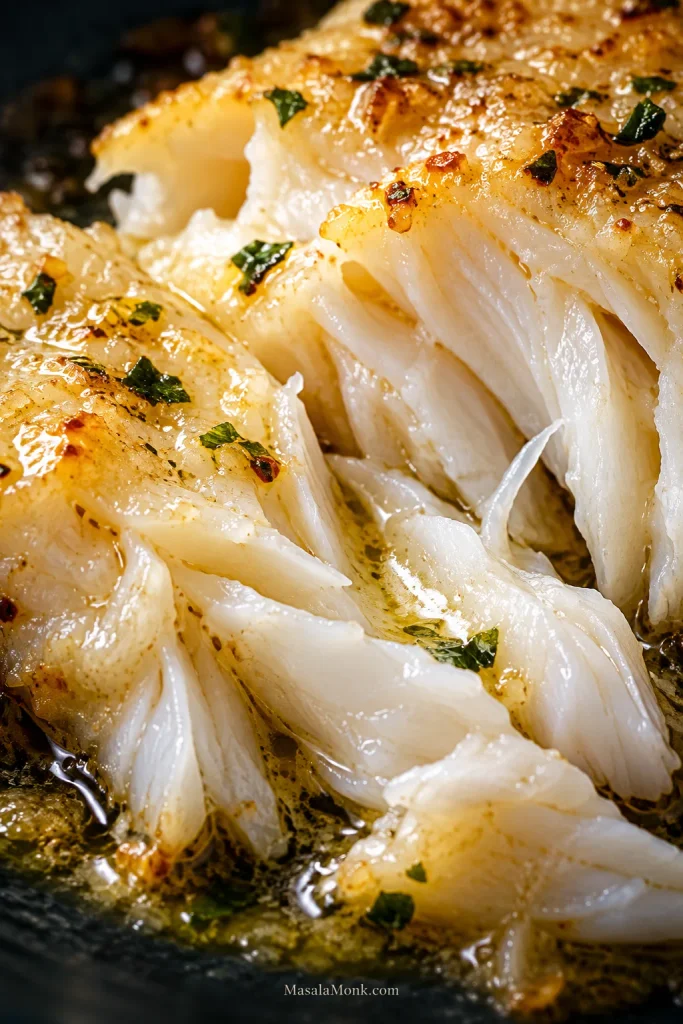 Extreme close-up of large pearly baked cod flakes with golden butter visible between the moist layers.