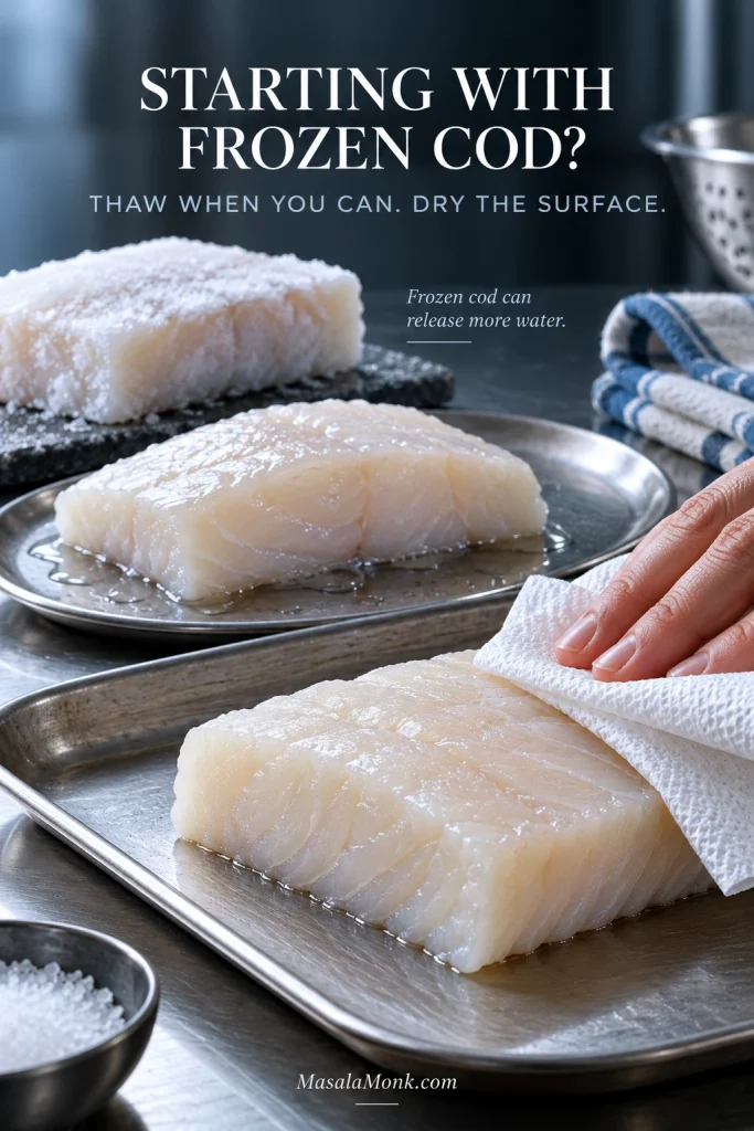 Frozen cod with surface frost, thawed cod with visible moisture, and a hand drying a thawed portion with paper towel.