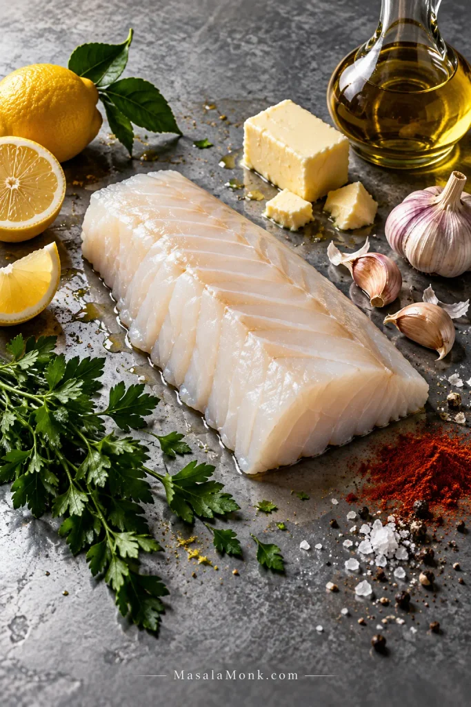 Raw cod fillet arranged with butter, olive oil, lemon, garlic, parsley, paprika, salt and black pepper on a cool grey surface.