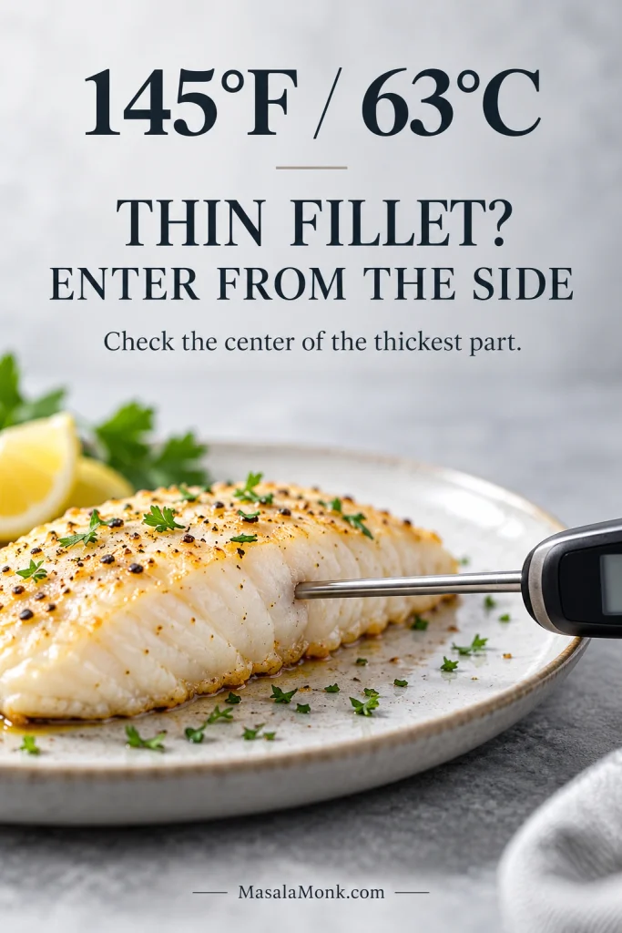 Instant-read thermometer inserted horizontally from the side of baked cod toward the center of its thickest part, showing 145°F.